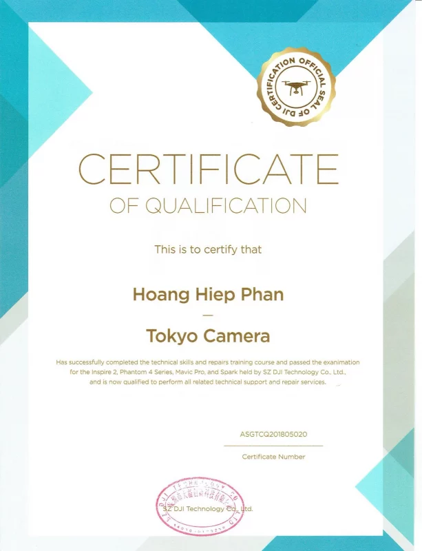 Chứng nhận (Certificate) Tokyo Camera là đơn vị DUY NHẤT được ủy quyền bảo hành các sản phẩm DJI tại Việt Nam