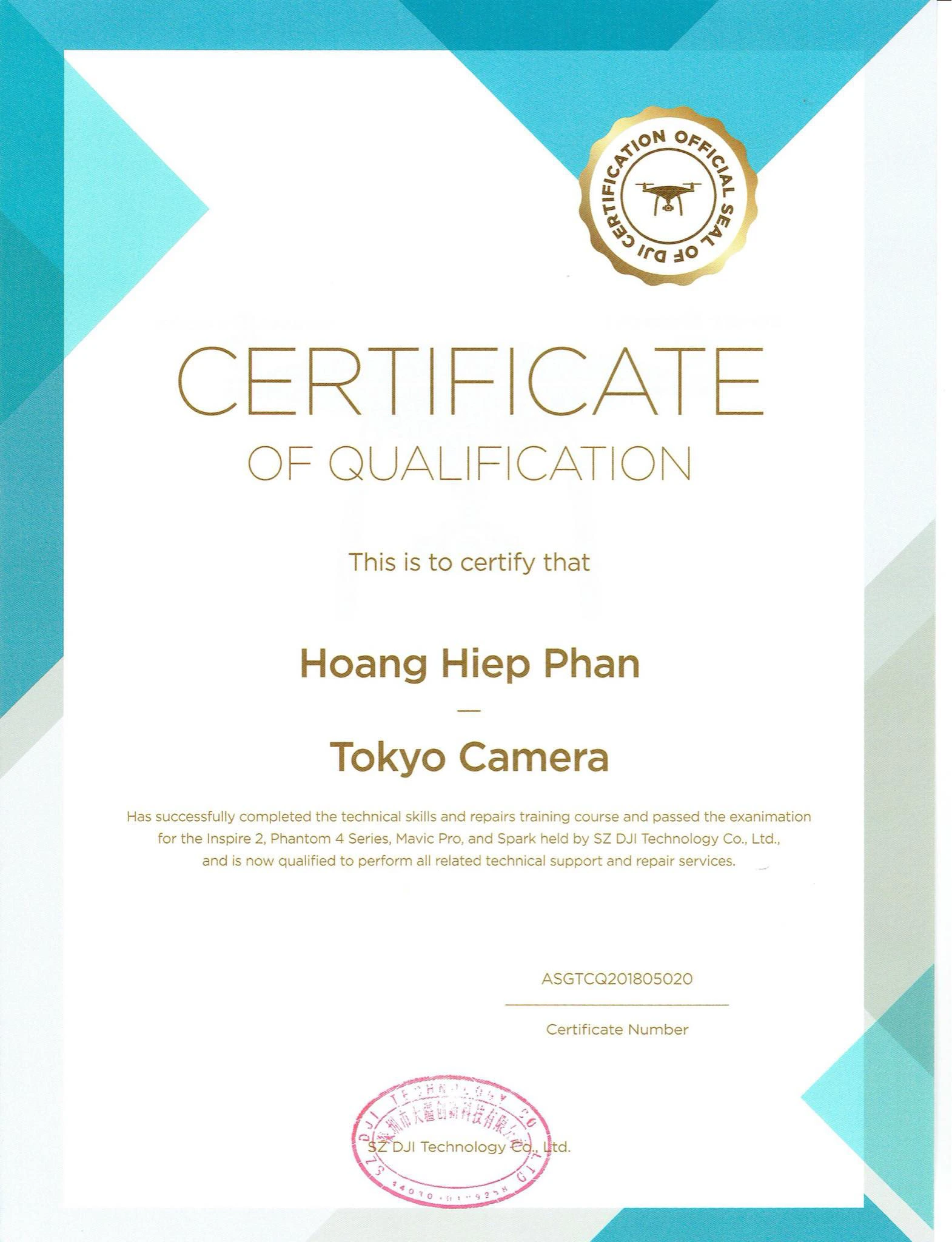 Certificate chứng nhận Tokyo Camera là đơn vị DUY NHẤT được ủy quyền bảo hành các sản phẩm DJI tại Việt Nam