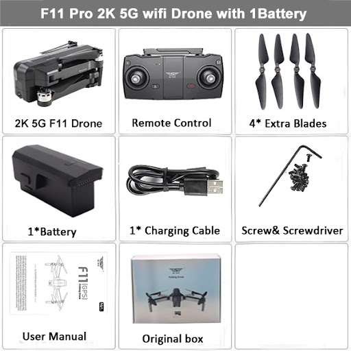 Những trang bị tiêu chuẩn cho 1 bộ sản phẩm của flycam SJRC F11 Pro (ảnh: internet)