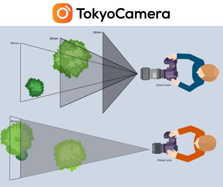 Mô phỏng trường nhìn của ống kính máy ảnh một tiêu cự (prime lens) vs ống kính thu phóng (zoom lens)